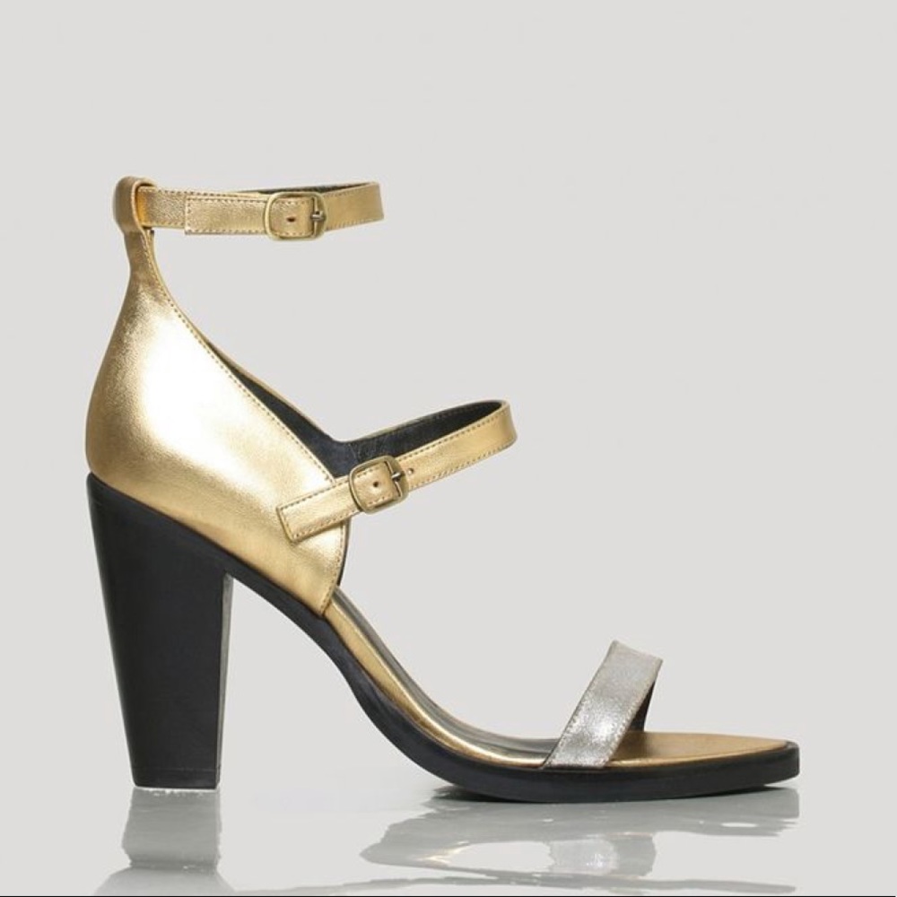 Rachel Comey silver gold metallic block heels ankle strappy sandals 9 holiday